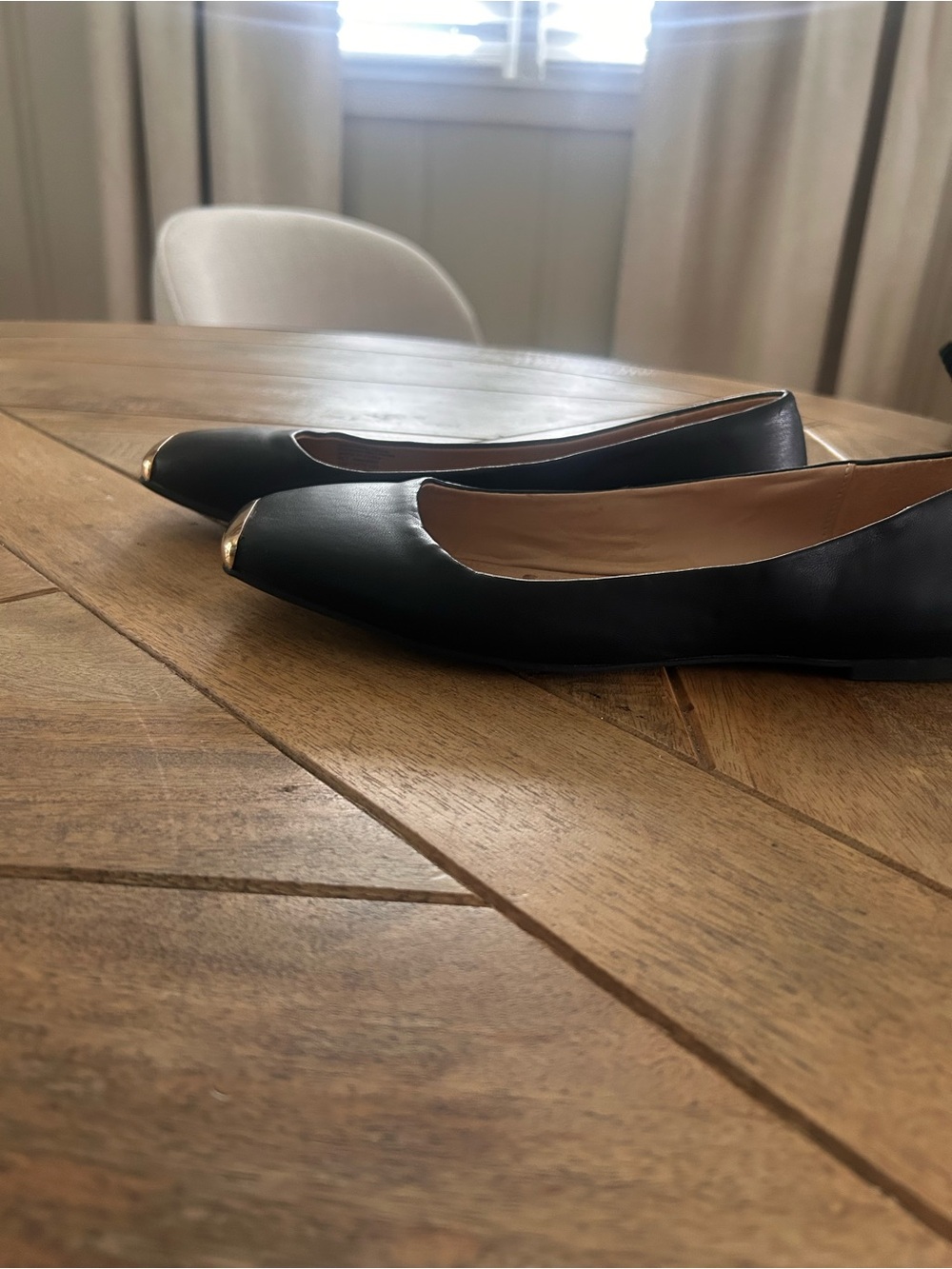 Alfani Classic Black Leather Pointed-Toe Ballet Flats with Gold Cap